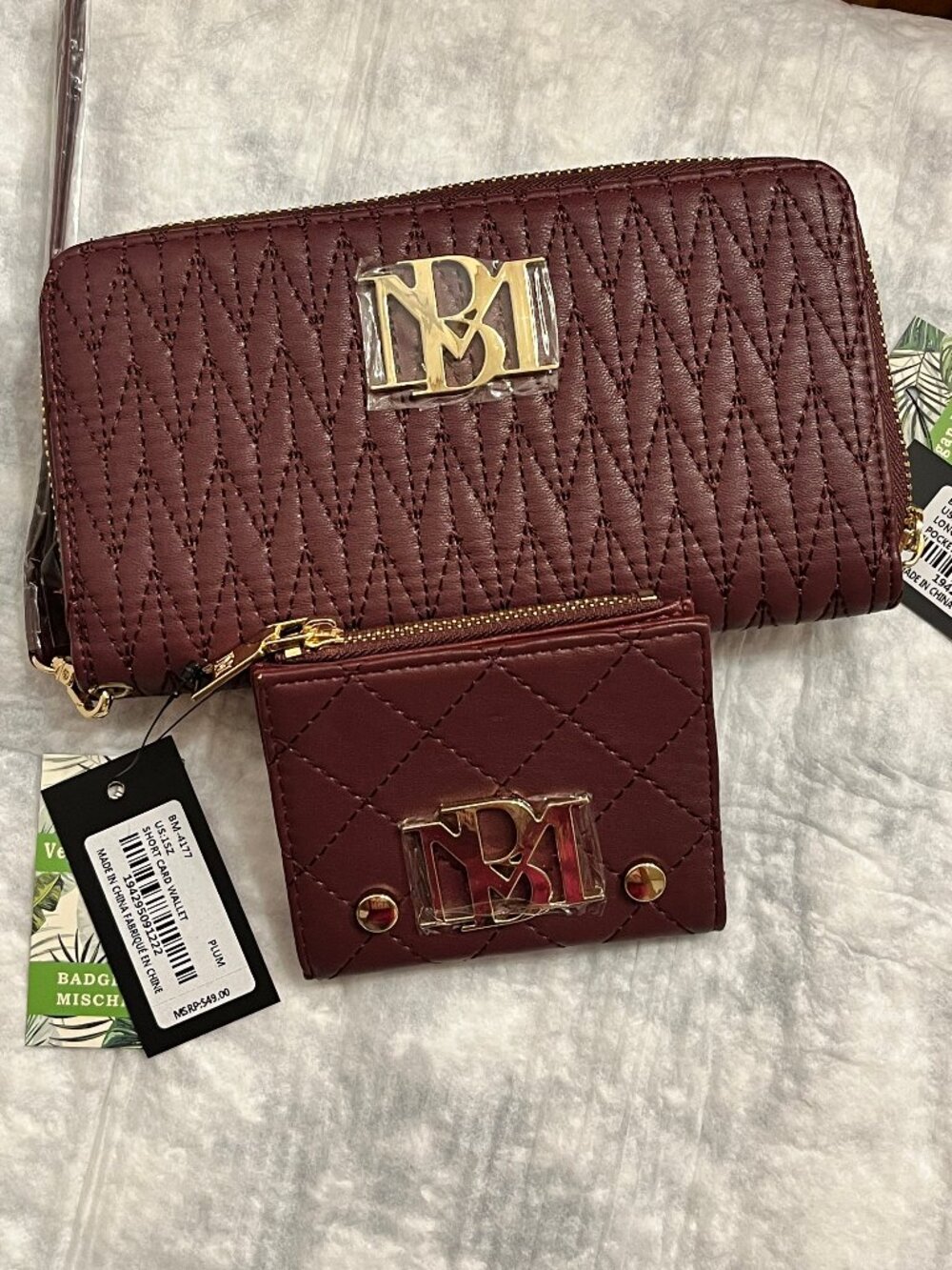 NWT!! Badgley Mischka Plum Long Quilted phone wallet wristlet Set
